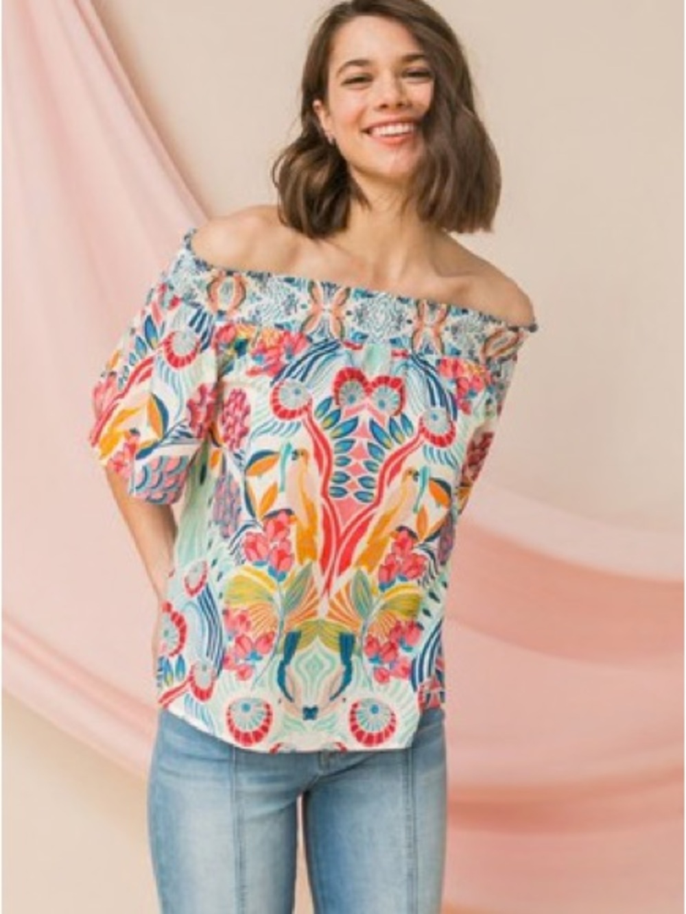 Flying Tomato Off-Shoulder Floral Print Top - Blue, Pink, Yellow, Green